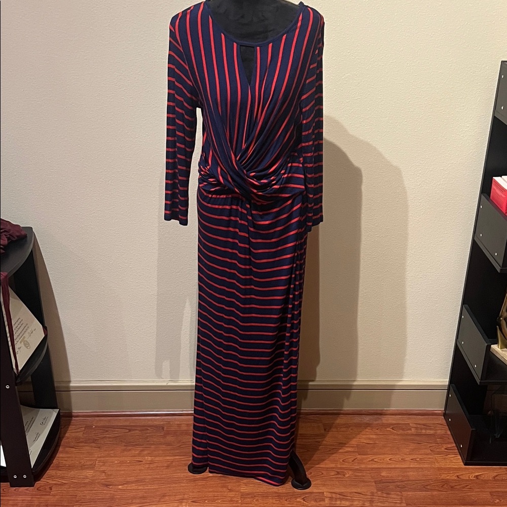 CB Casual Navy and Red Striped Long Sleeve Dress
